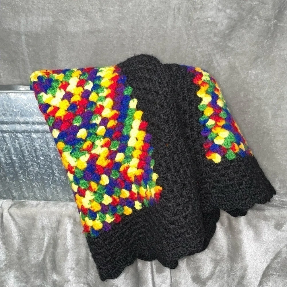 Handmade Crochet Rainbow Black Afghan Blanket Throw Granny Square OS
